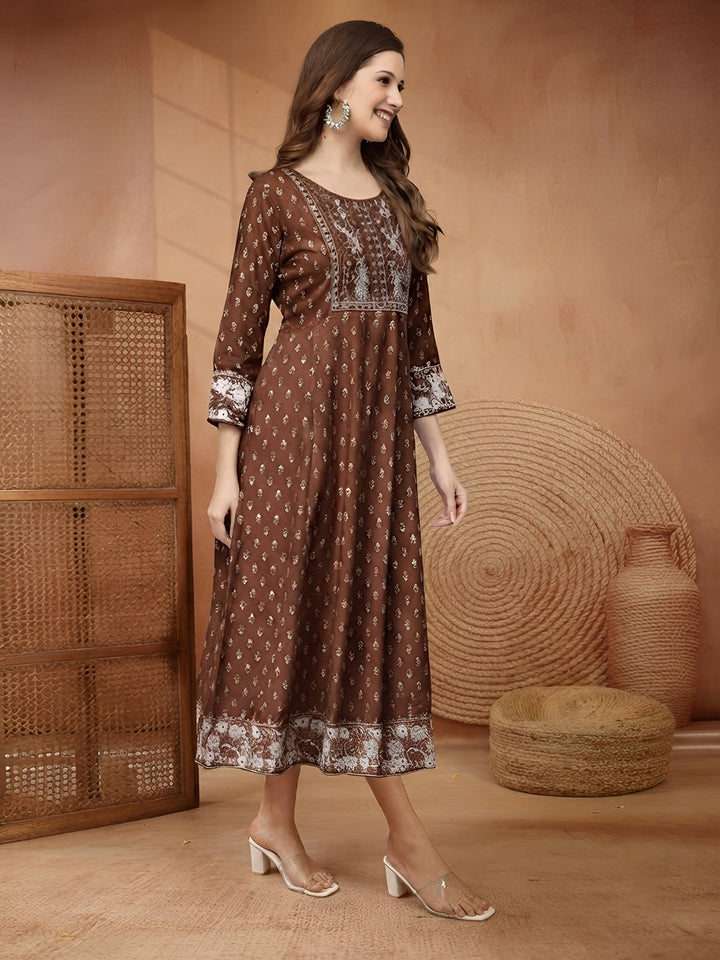 Stylum Women Brown Ethnic Motifs Printed & Embroidered Rayon Long Ethnic Dress