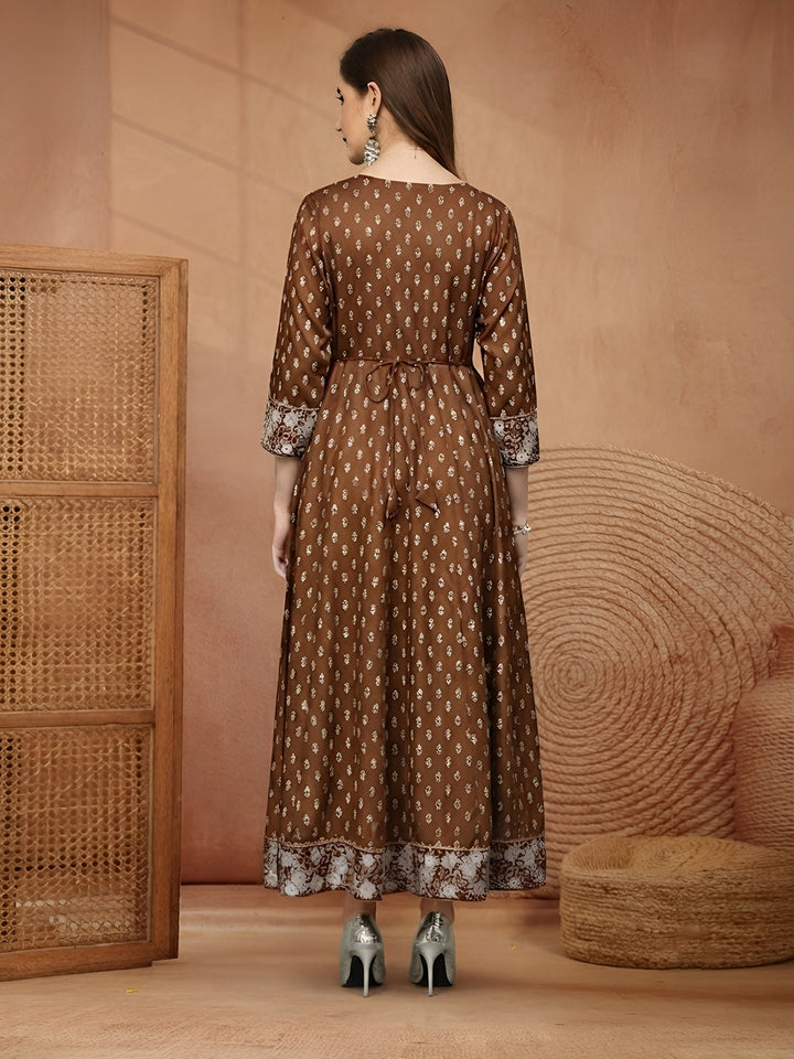 Stylum Women Brown Ethnic Motifs Printed & Embroidered Rayon Long Ethnic Dress