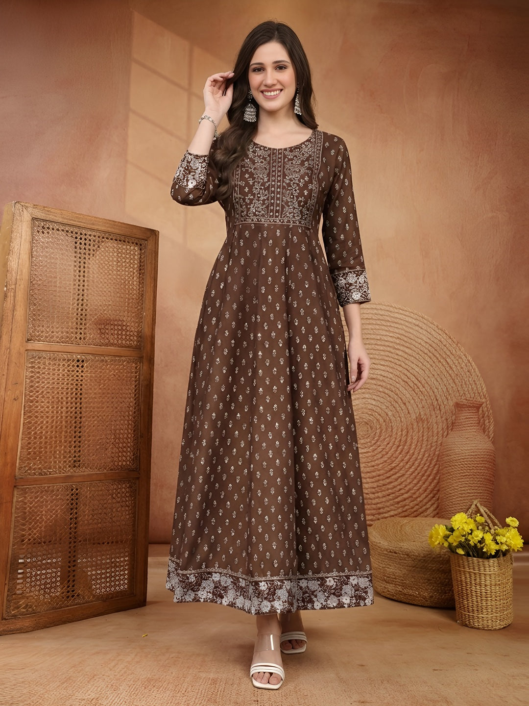 Stylum Women Brown Ethnic Motifs Printed & Embroidered Rayon Long Ethnic Dress