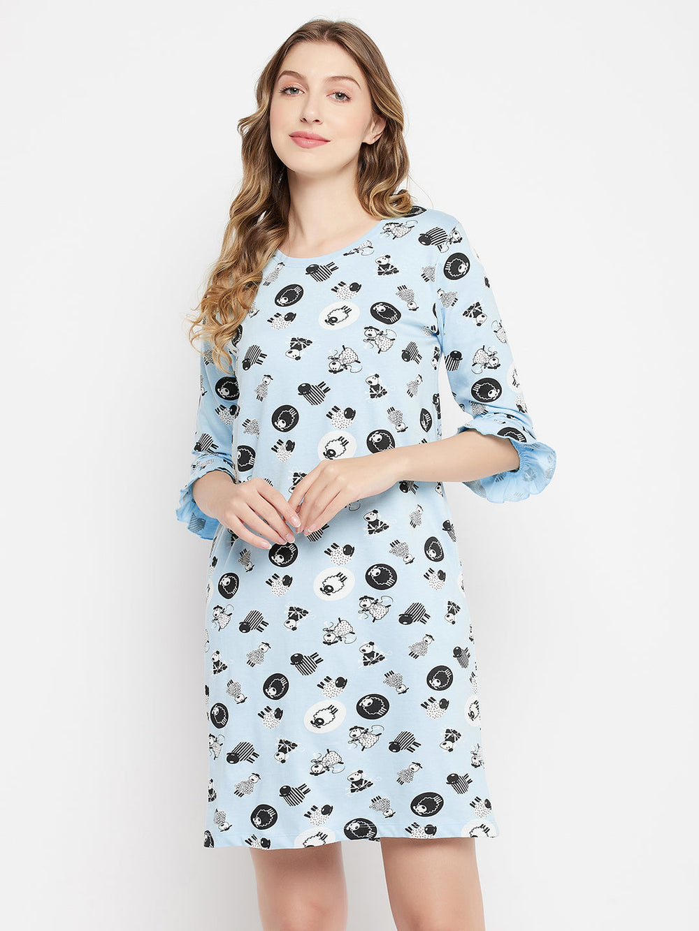 Baby-Blue-Cotton-Sheep-Print-Short-Night-Dress