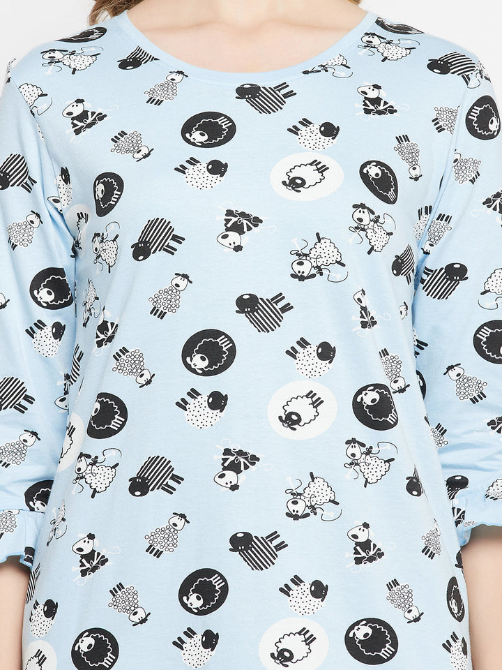 Baby-Blue-Cotton-Sheep-Print-Short-Night-Dress