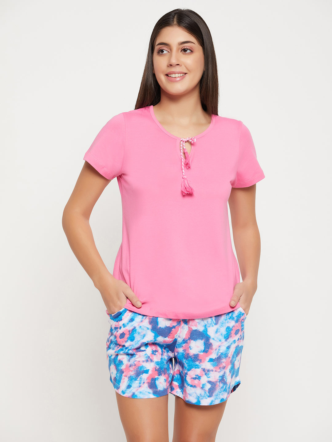 Baby-Pink-&-Sky-Blue-Cotton-Chic-Basic-Top-&-Printed-Shorts