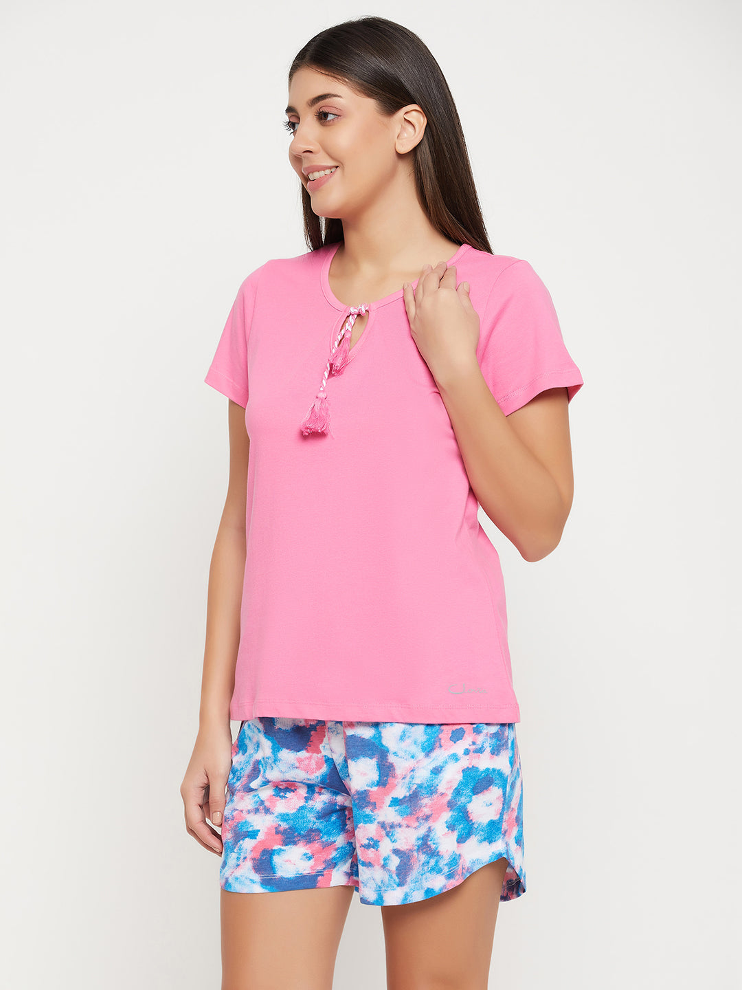 Baby-Pink-&-Sky-Blue-Cotton-Chic-Basic-Top-&-Printed-Shorts