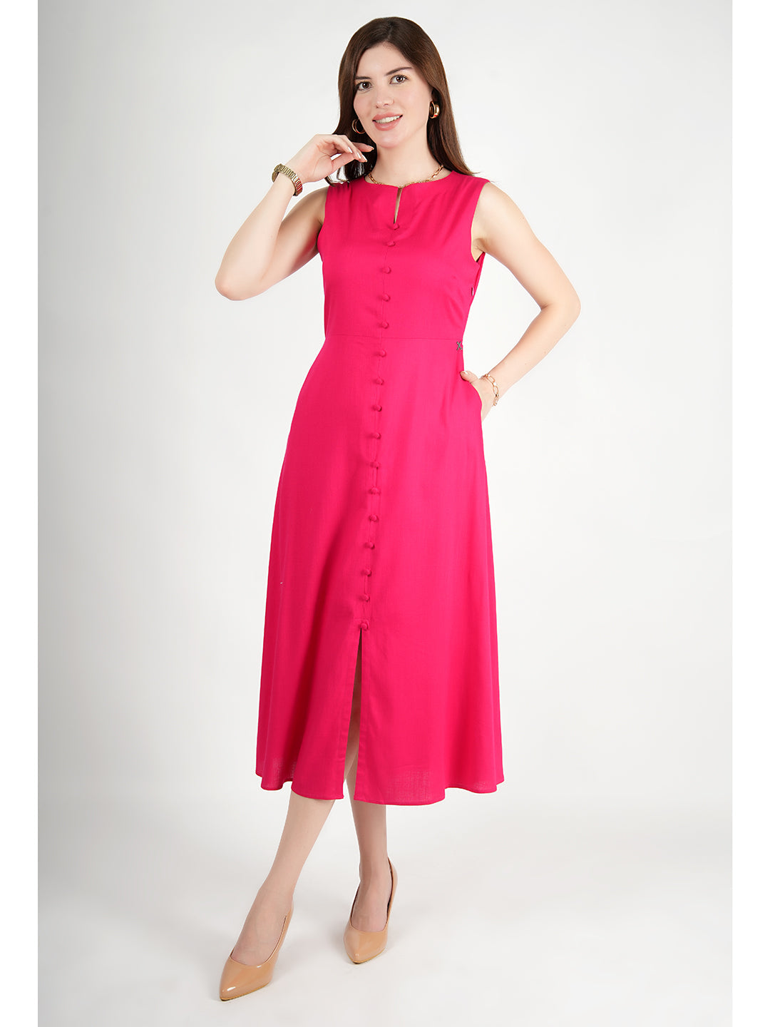 Barbie-Pink-Rayon-Glowing-Front-Button-Dress