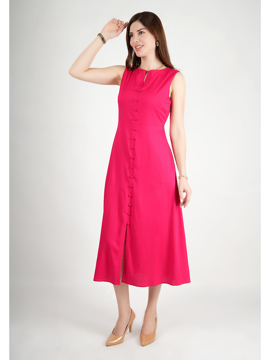 Barbie-Pink-Rayon-Glowing-Front-Button-Dress