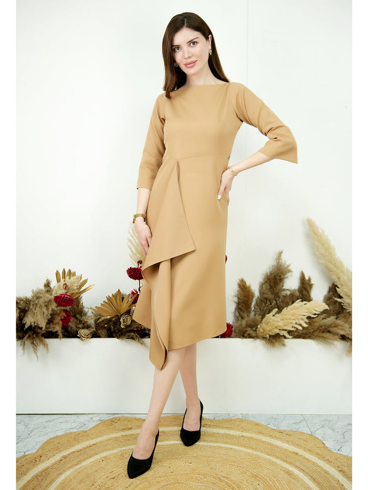 Beige-Blended-Fabric-Sunlit-Drape-Dress-With-Sleeves