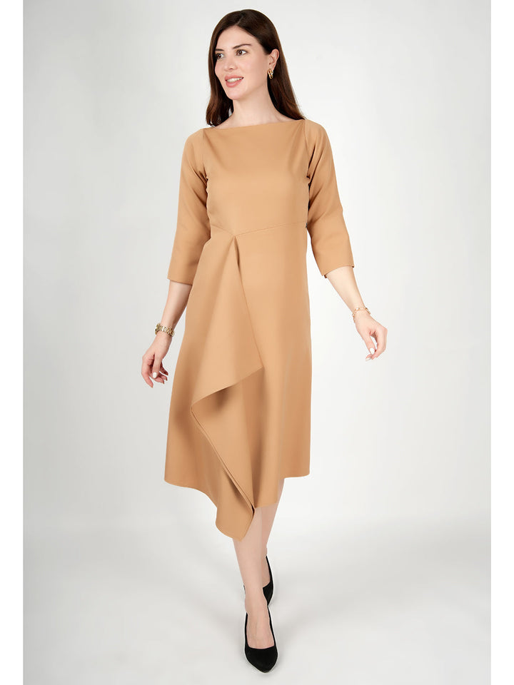 Beige-Blended-Fabric-Sunlit-Drape-Dress-With-Sleeves