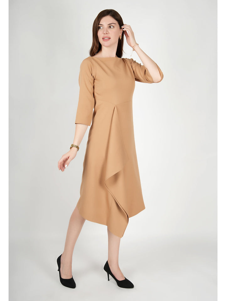 Beige-Blended-Fabric-Sunlit-Drape-Dress-With-Sleeves