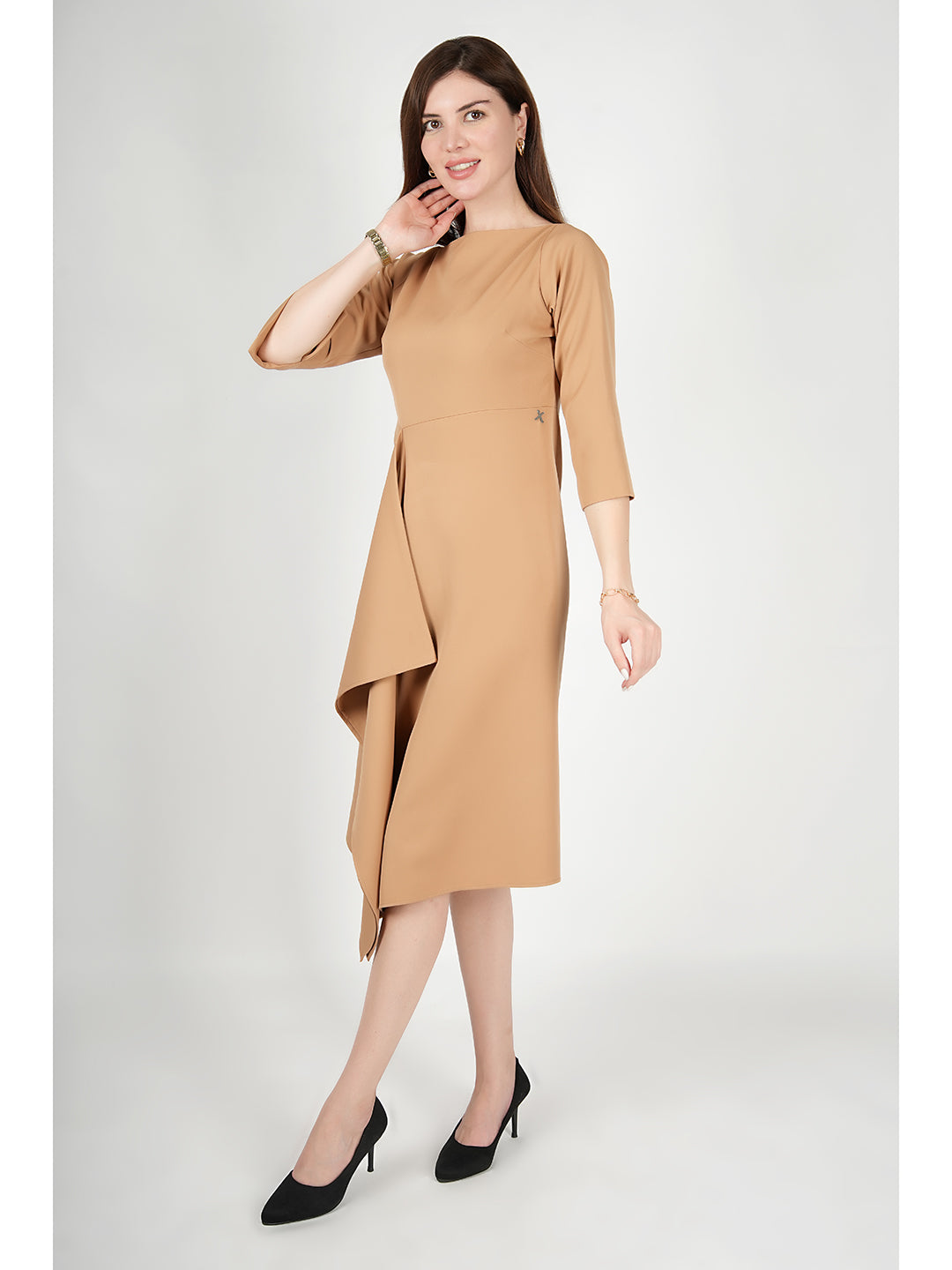 Beige-Blended-Fabric-Sunlit-Drape-Dress-With-Sleeves