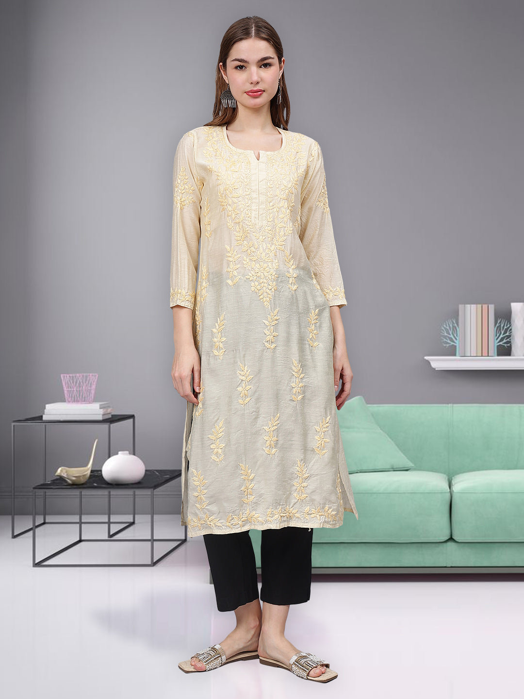 Beige-Chanderi-Embroidered-Chikankari-Kurti