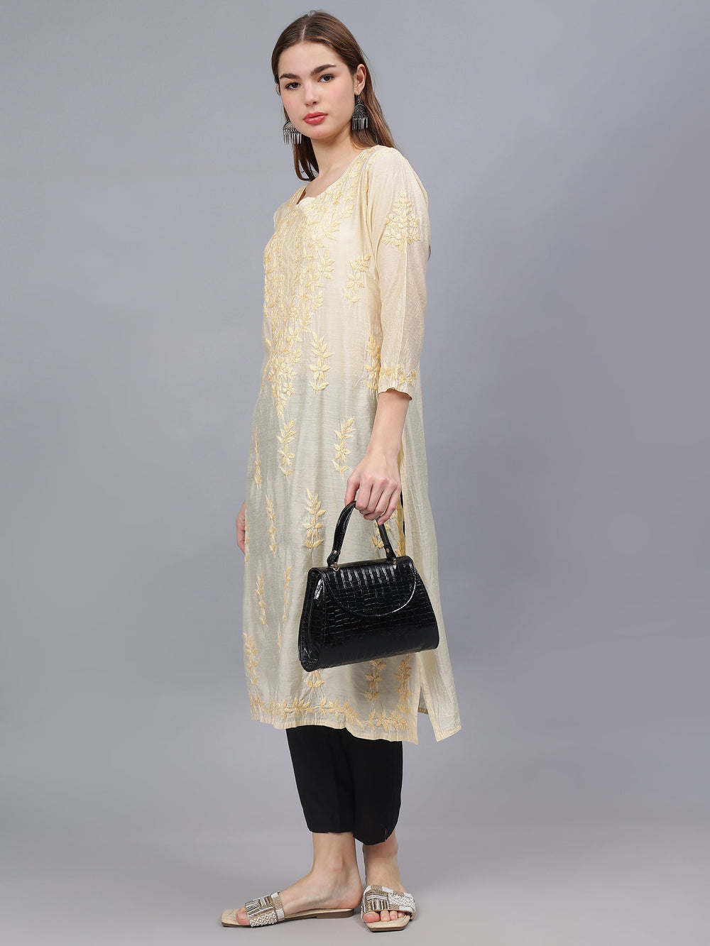 Beige-Chanderi-Embroidered-Chikankari-Kurti