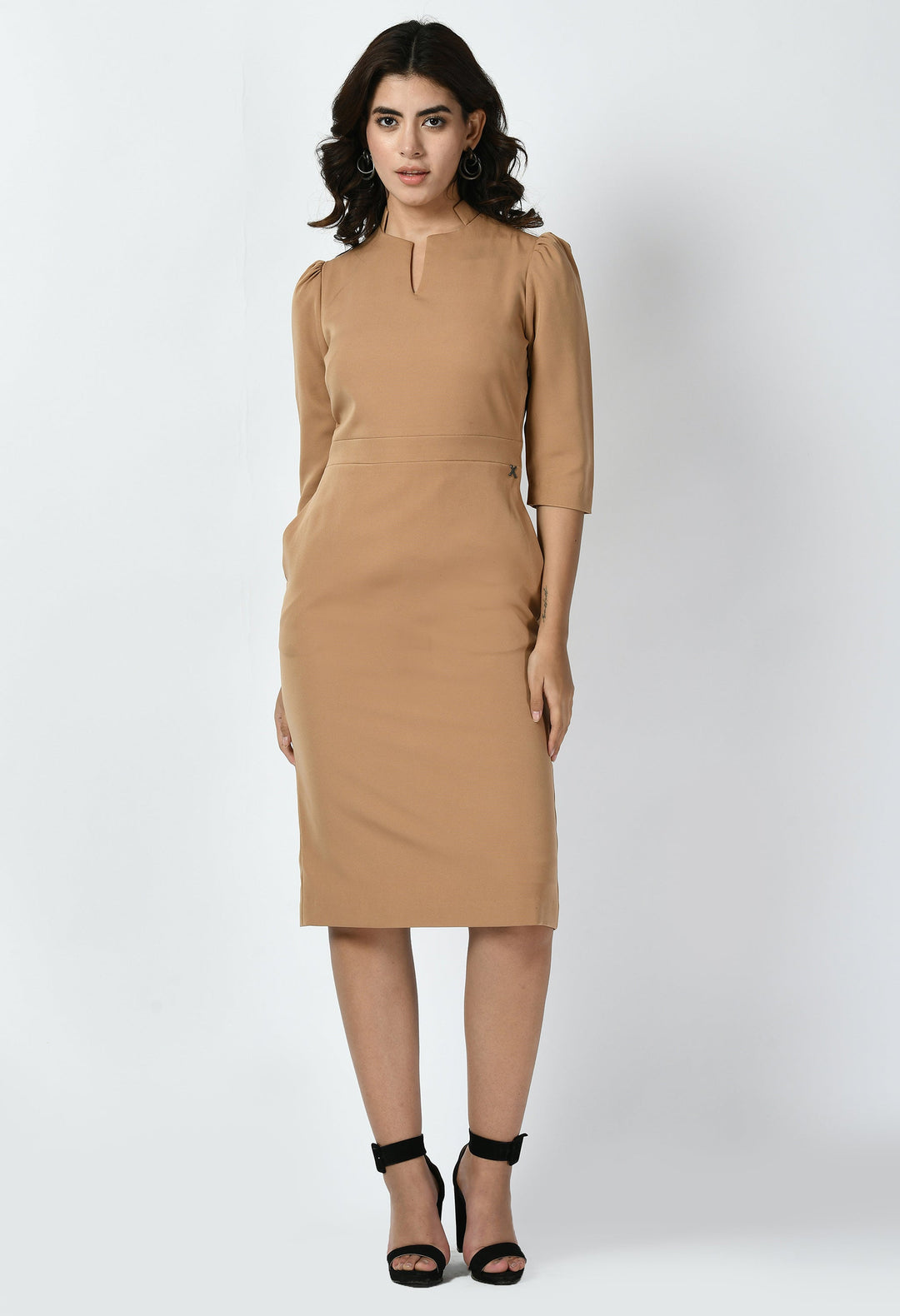 Beige-Cotton-Blend-Grace-Puff-Sleeves-Sheath-Dress