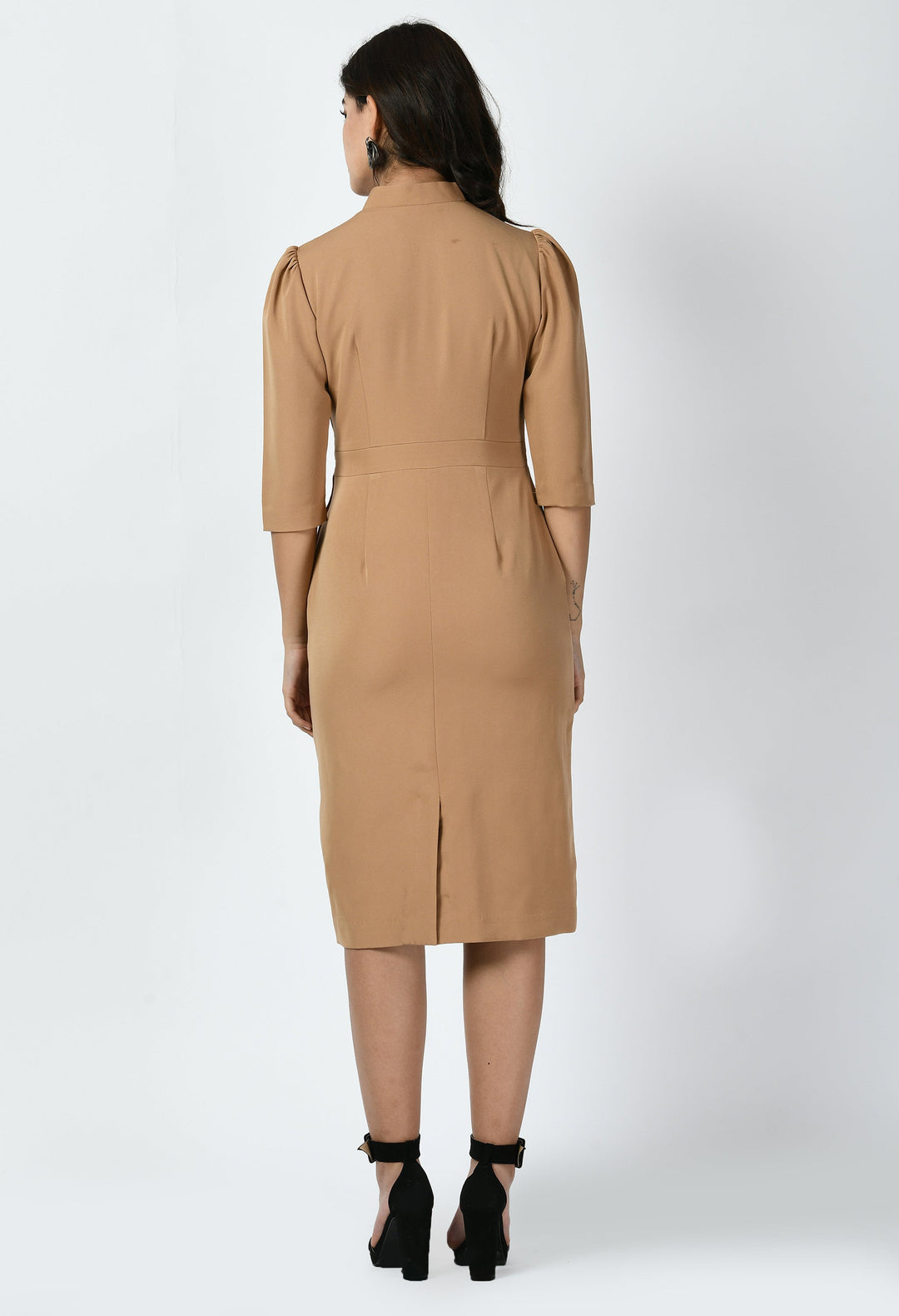 Beige-Cotton-Blend-Grace-Puff-Sleeves-Sheath-Dress