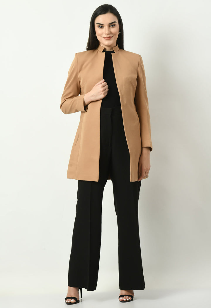 Beige-Cotton-Blend-Supremacy-Solid-Long-Blazer