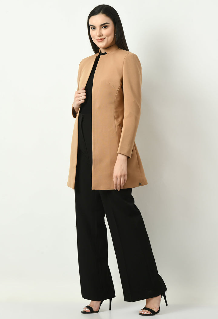 Beige-Cotton-Blend-Supremacy-Solid-Long-Blazer