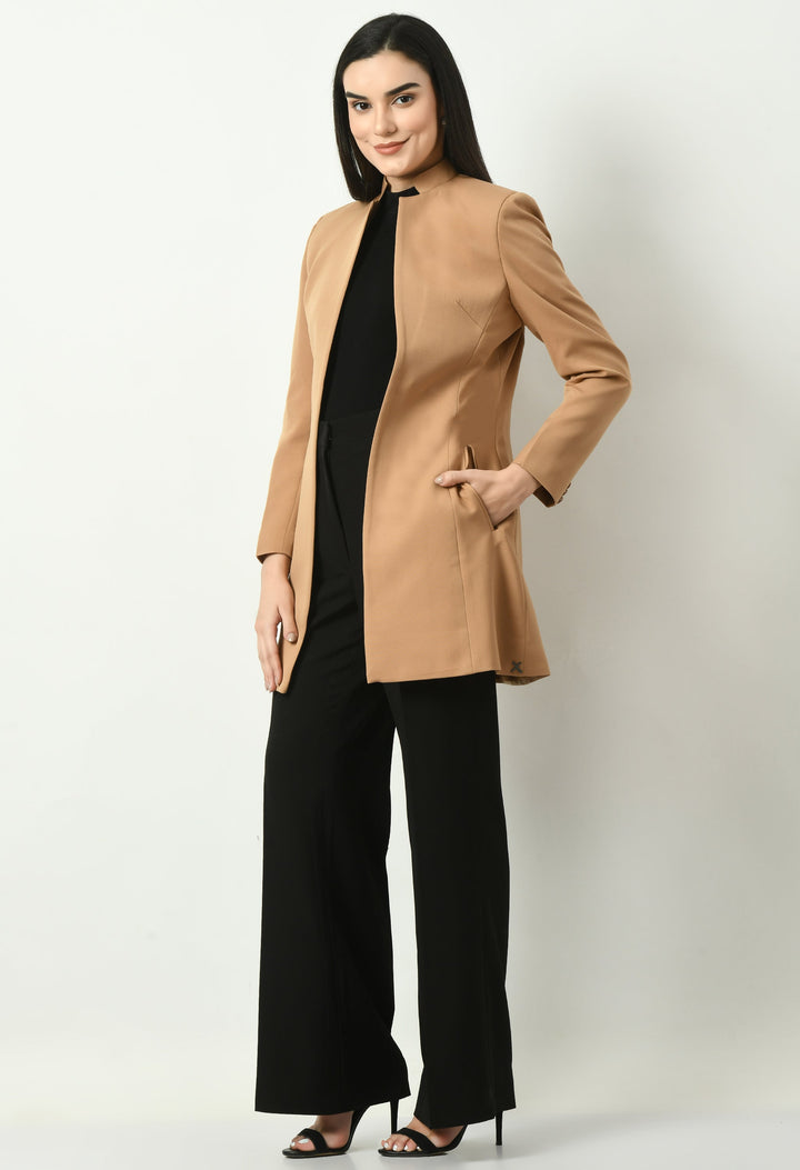 Beige-Cotton-Blend-Supremacy-Solid-Long-Blazer