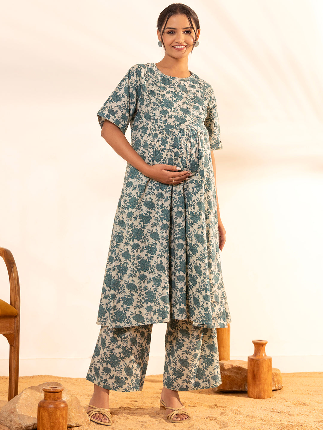 ZERESOUQ-Beige-Cotton-Floral-Printed-A-Line-2-Piece-Kurta-Set