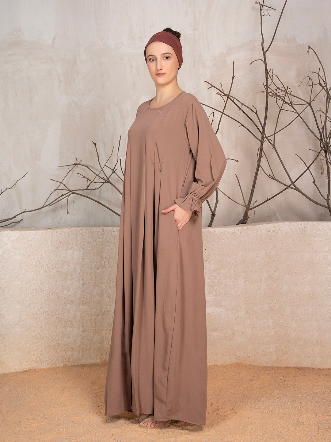 Beige Crushed Fabric Abaya With Khimar