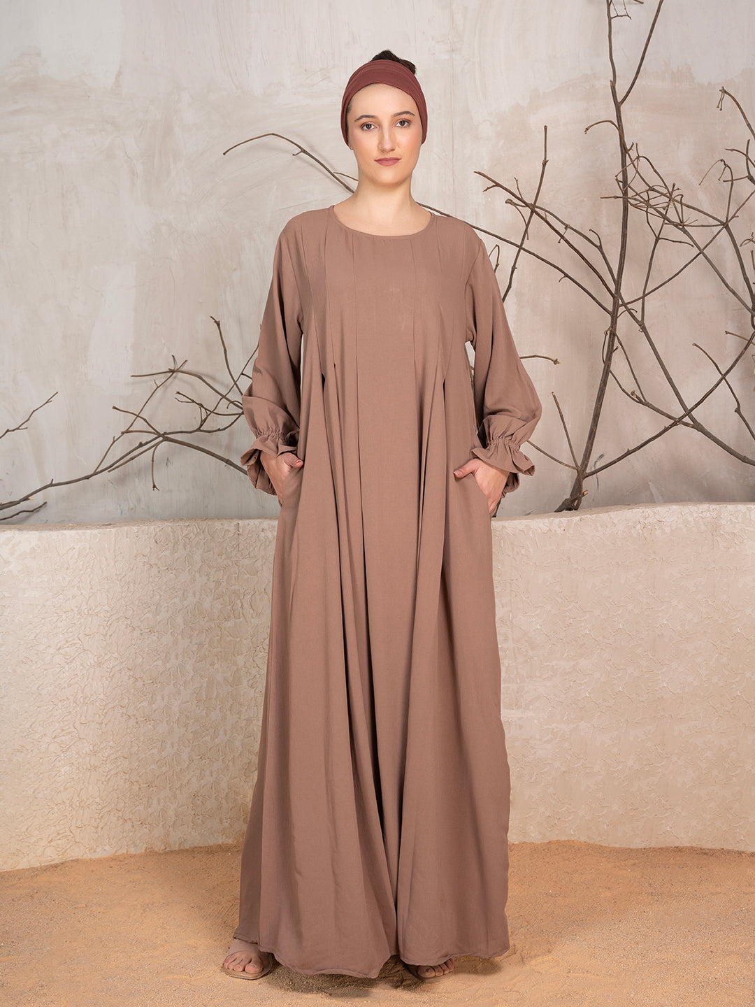 Beige Crushed Fabric Abaya With Khimar