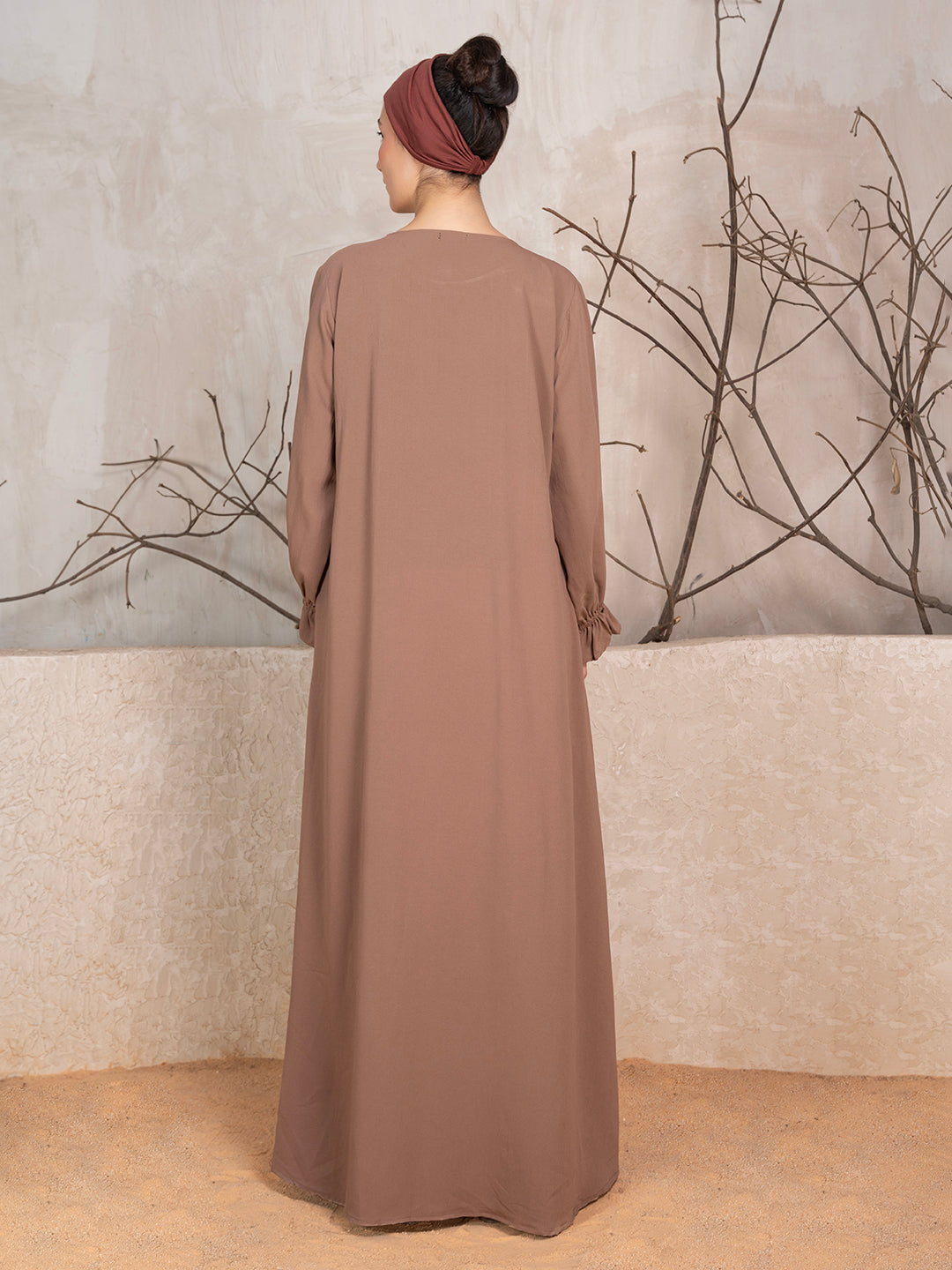 Beige Crushed Fabric Abaya With Khimar