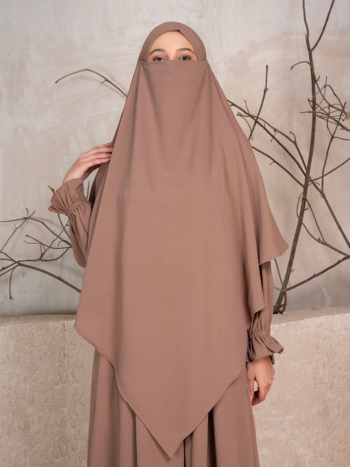 Beige Crushed Fabric Abaya With Khimar