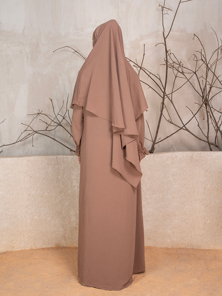 Beige Crushed Fabric Abaya With Khimar