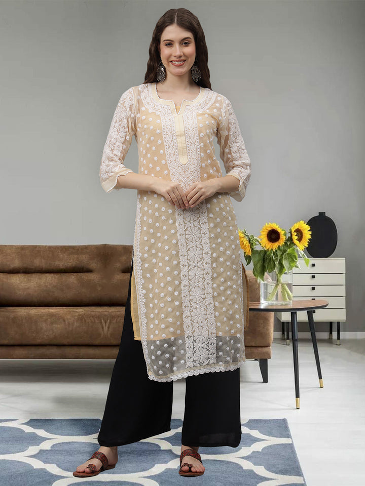 Beige-Georgette-Embroidered-Chikankari-Kurti-With-Slip