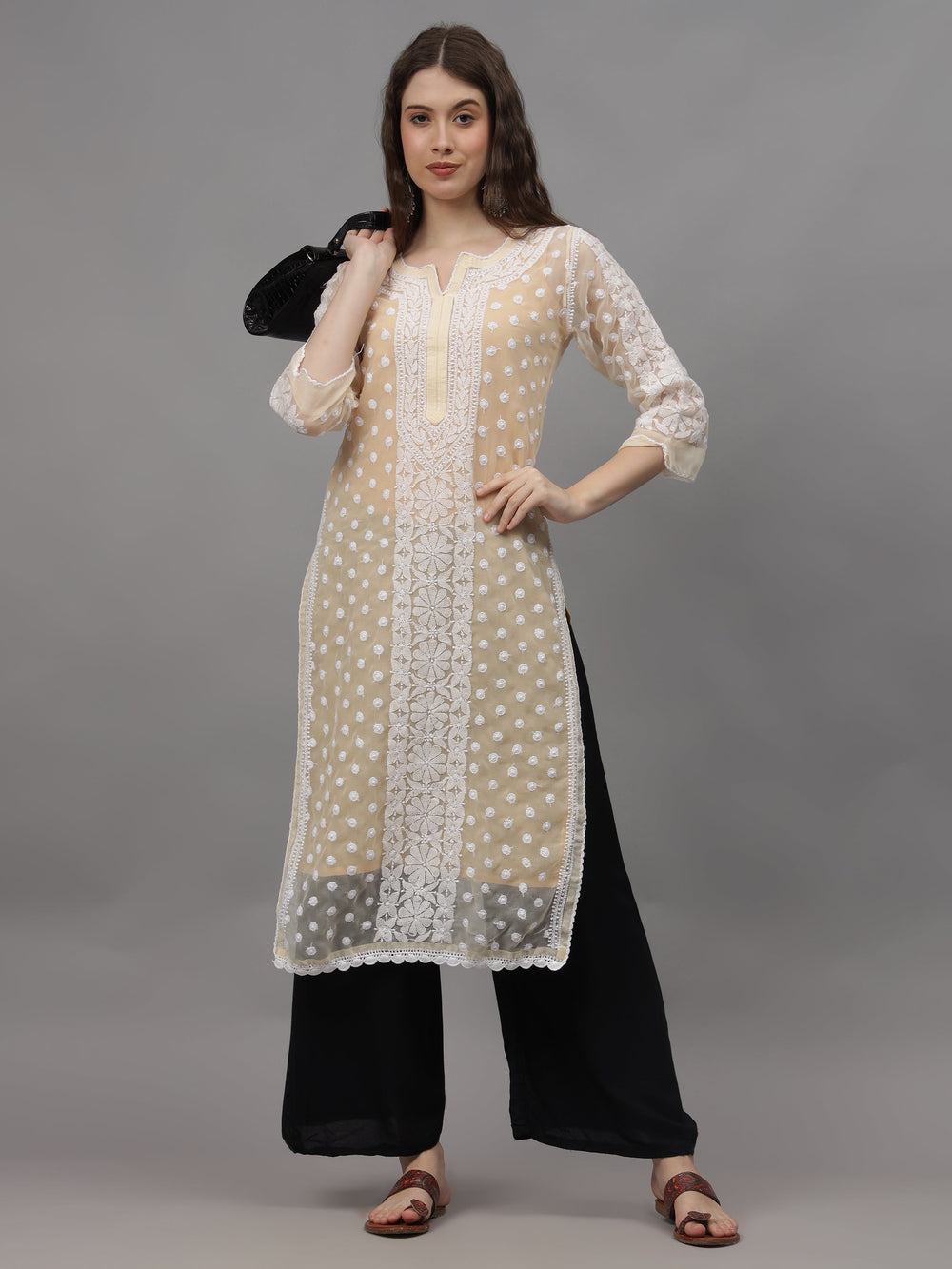 Beige-Georgette-Embroidered-Chikankari-Kurti-With-Slip