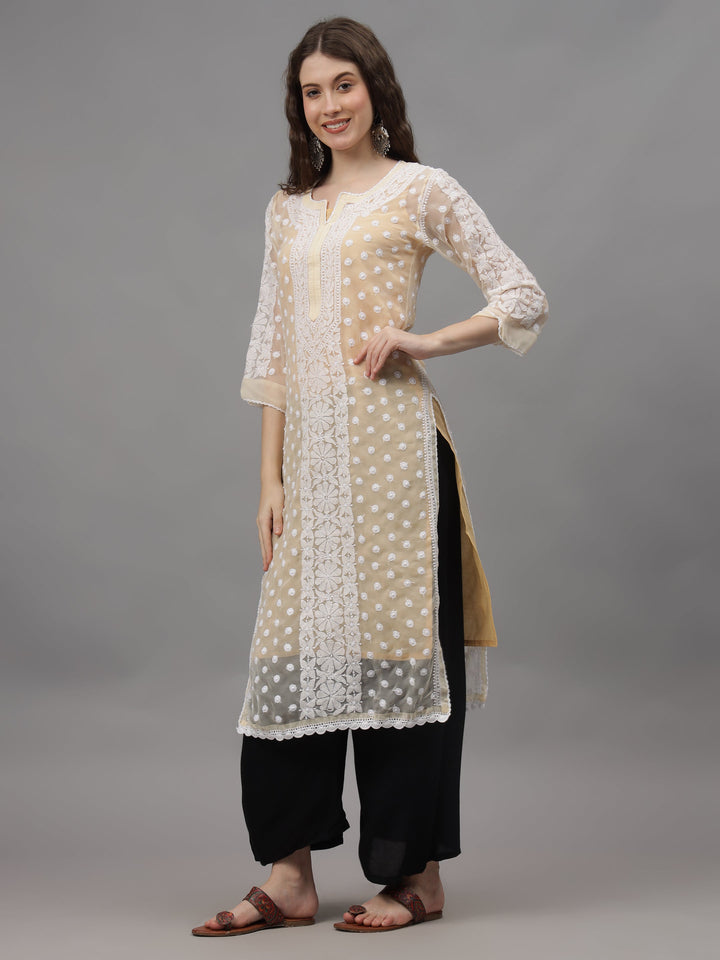 Beige-Georgette-Embroidered-Chikankari-Kurti-With-Slip