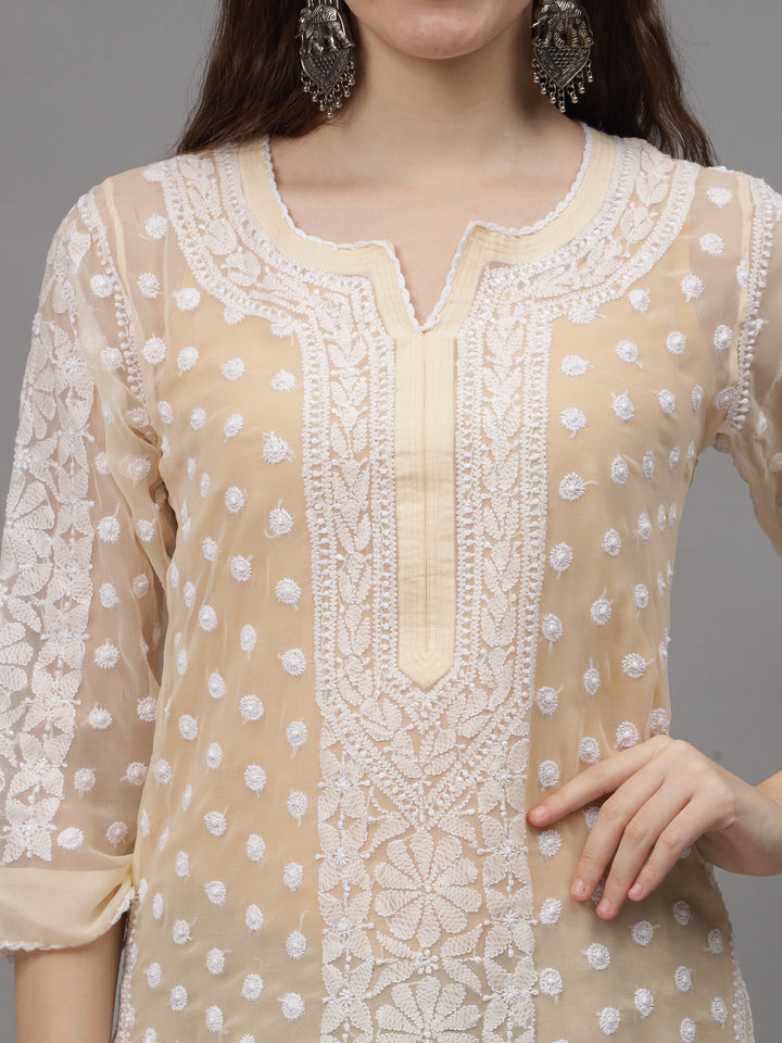 Beige-Georgette-Embroidered-Chikankari-Kurti-With-Slip