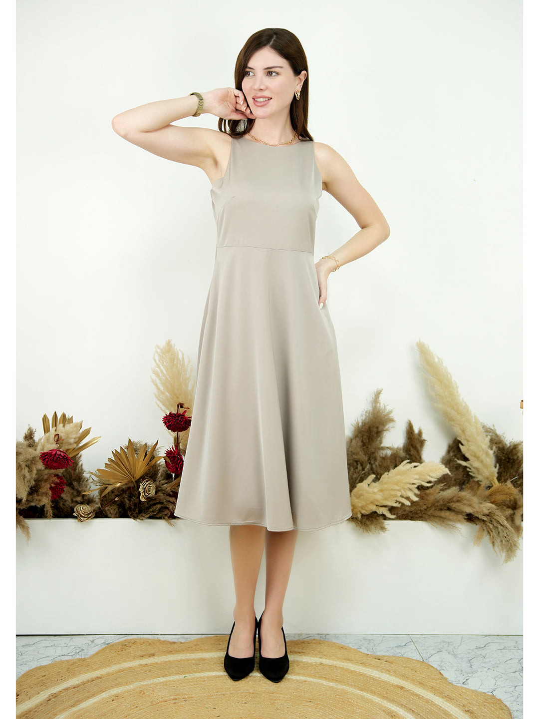 Beige-Golden-Satin-Glow-Dress-With-Pockets