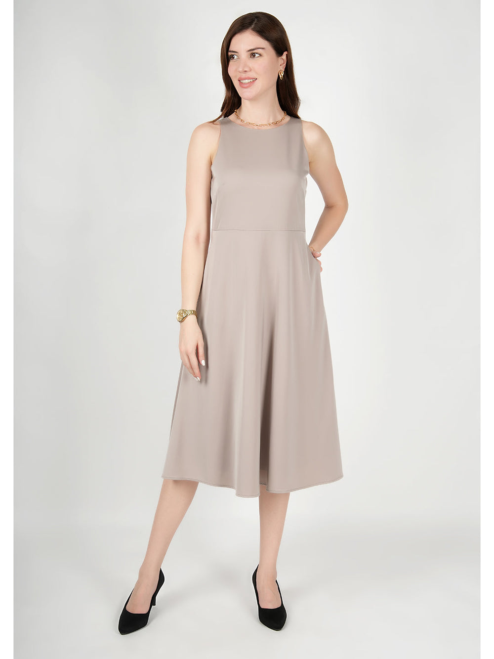 Beige-Golden-Satin-Glow-Dress-With-Pockets