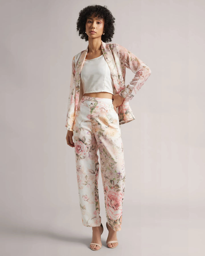 Beige Organza Rose Print Co-Ord Set