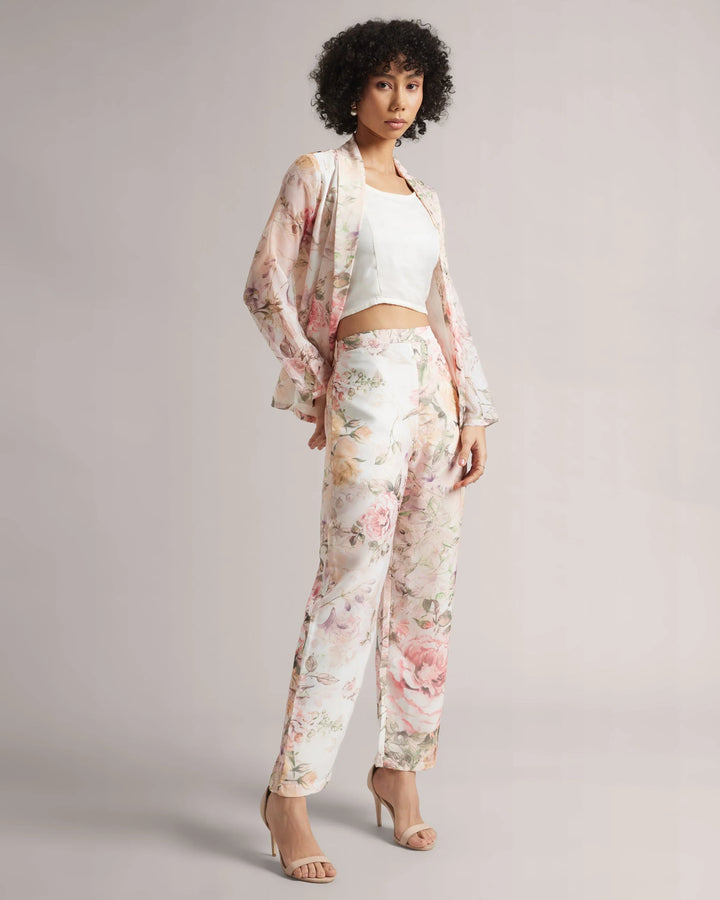 Beige Organza Rose Print Co-Ord Set