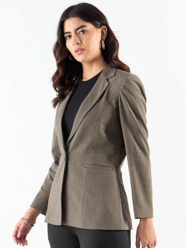 Beige-Poly-Viscose-Notched-Lapel-Refined-Check-Blazer