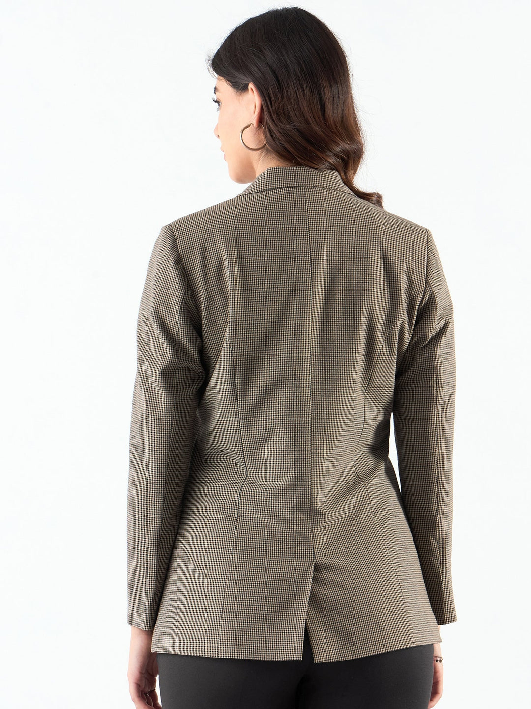 Beige-Poly-Viscose-Notched-Lapel-Refined-Check-Blazer