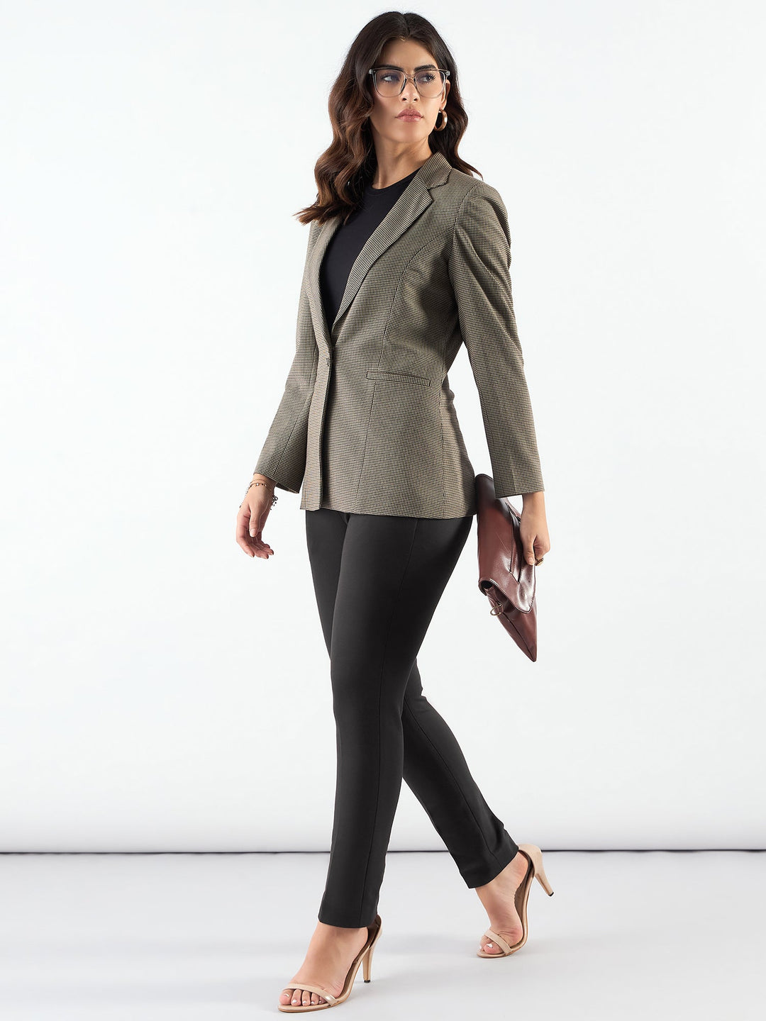 Beige-Poly-Viscose-Notched-Lapel-Refined-Check-Blazer