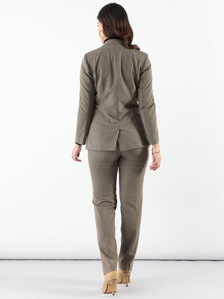 Beige-Polyester-Notched-Lapel-Refined-Check-Blazer-&-Trouser