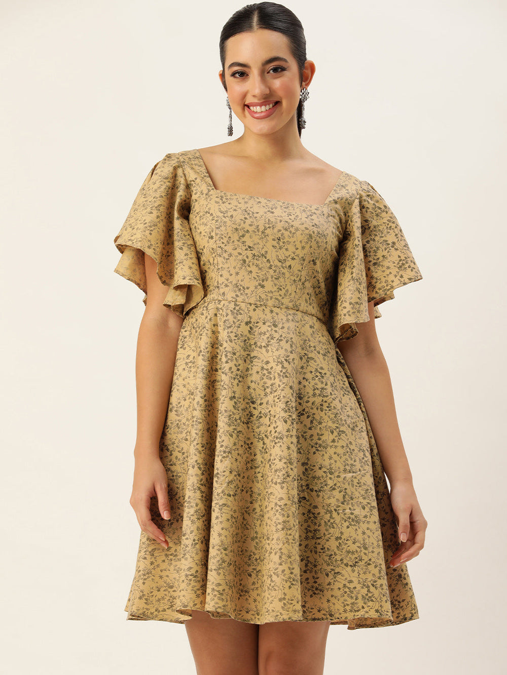 Beige-Rayon-Elbow-Sleeve-Printed-Dress