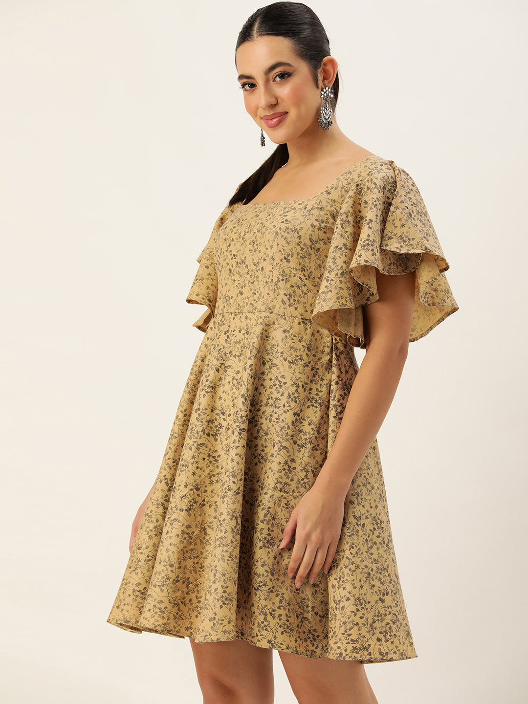 Beige-Rayon-Elbow-Sleeve-Printed-Dress