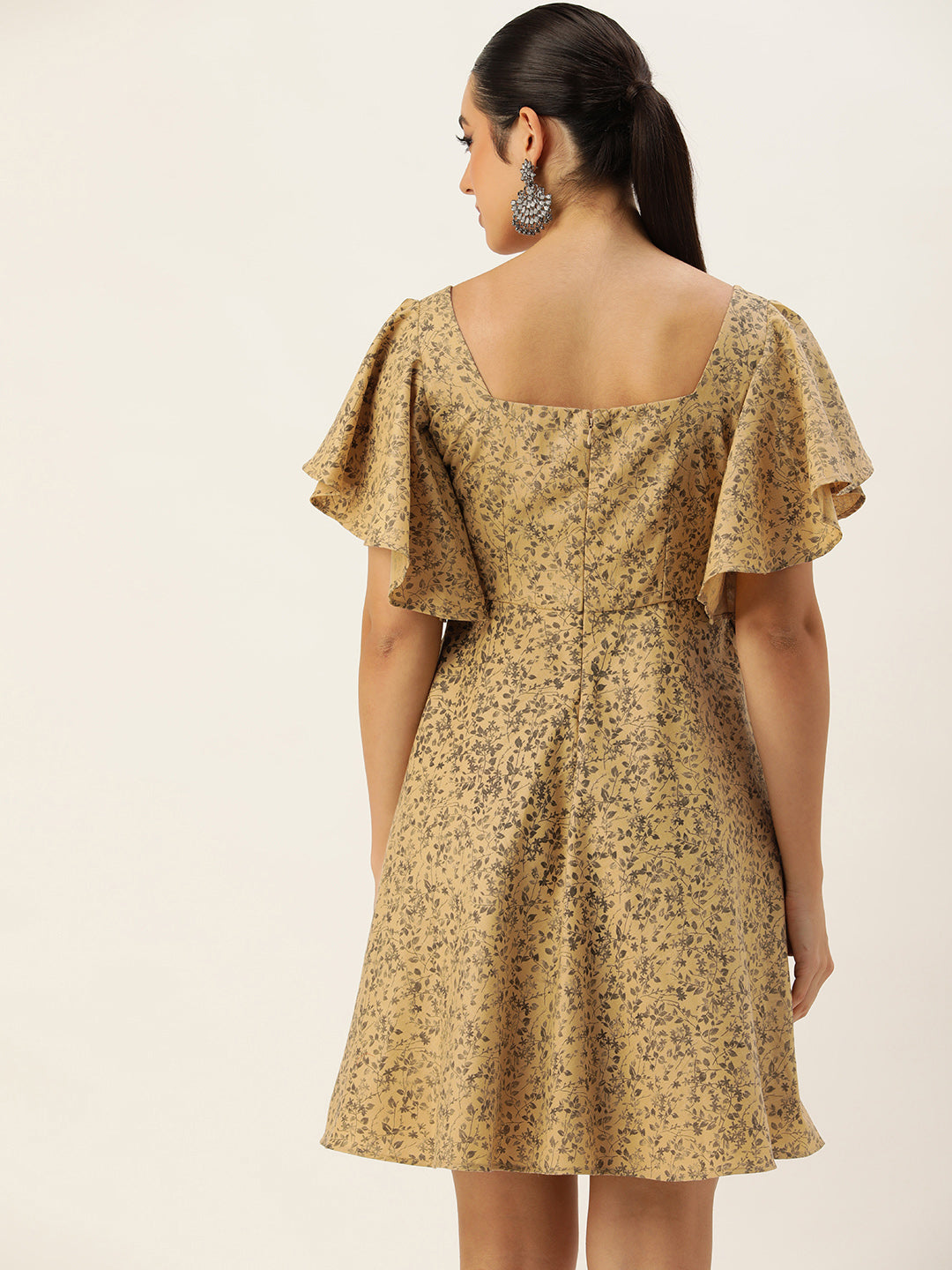 Beige-Rayon-Elbow-Sleeve-Printed-Dress