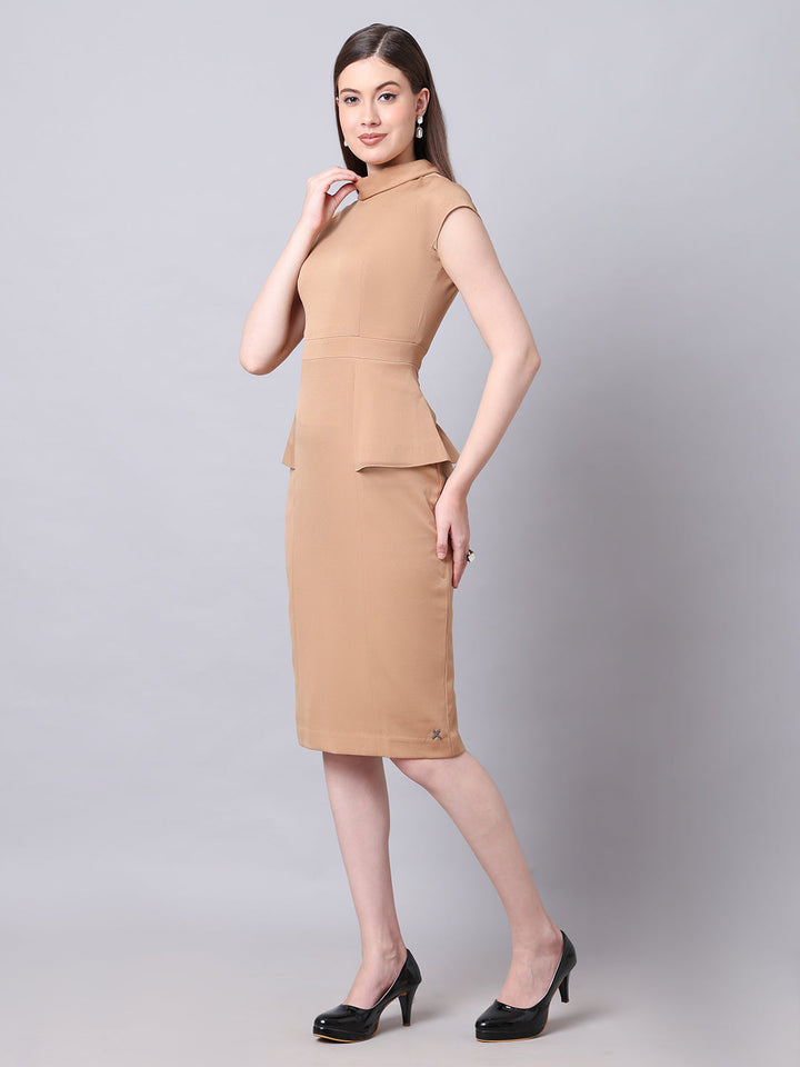 Beige-Spandex-Bold-&-Beautiful-High-Neck-Cap-Sleeves-Dress