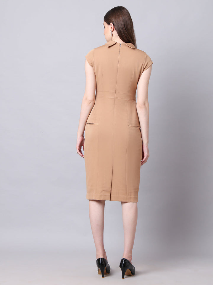 Beige-Spandex-Bold-&-Beautiful-High-Neck-Cap-Sleeves-Dress