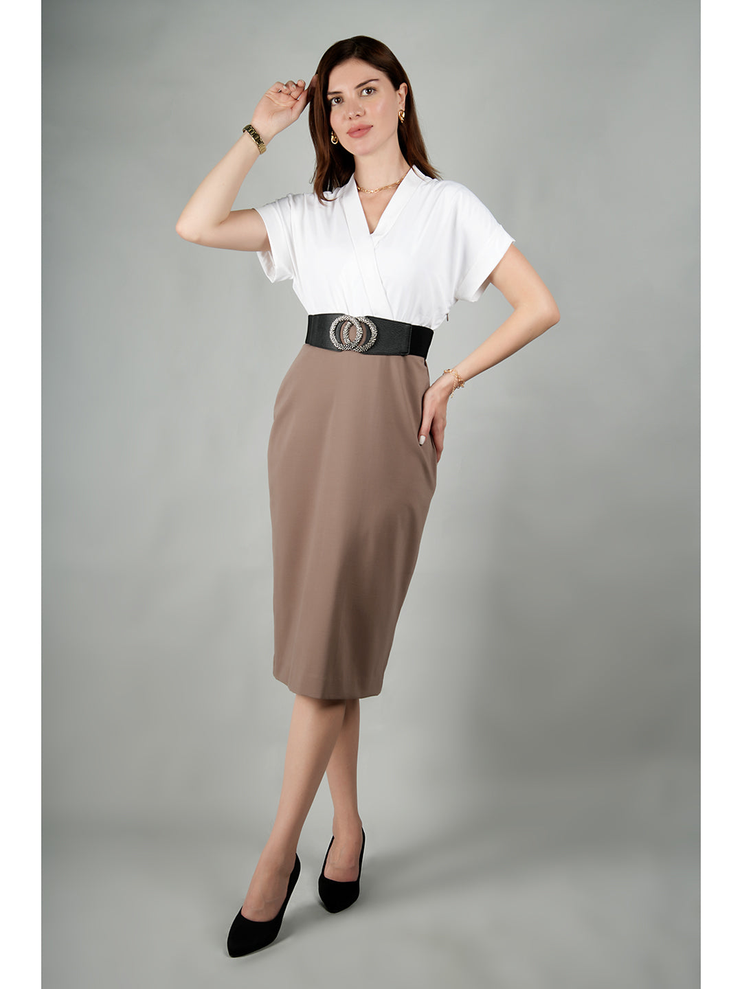 Beige-Spandex-Sparkling-Color-Block-Blouson-Dress-With-Belt