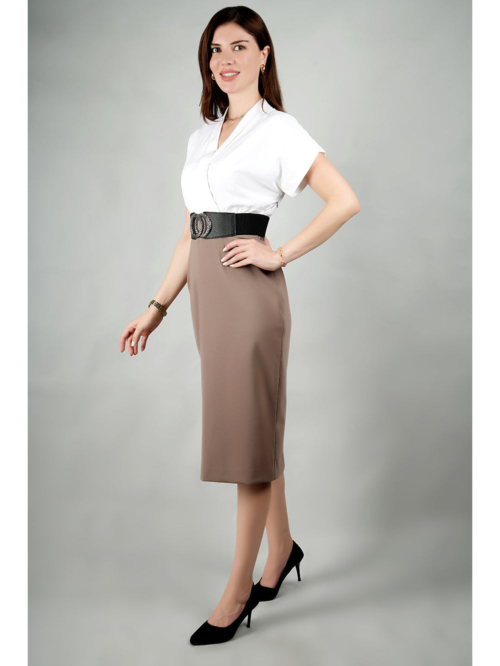 Beige-Spandex-Sparkling-Color-Block-Blouson-Dress-With-Belt