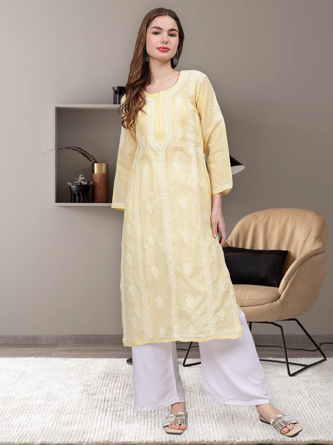 Beige-Terivoil-&-White-Embroidered-Chikankari-Kurti