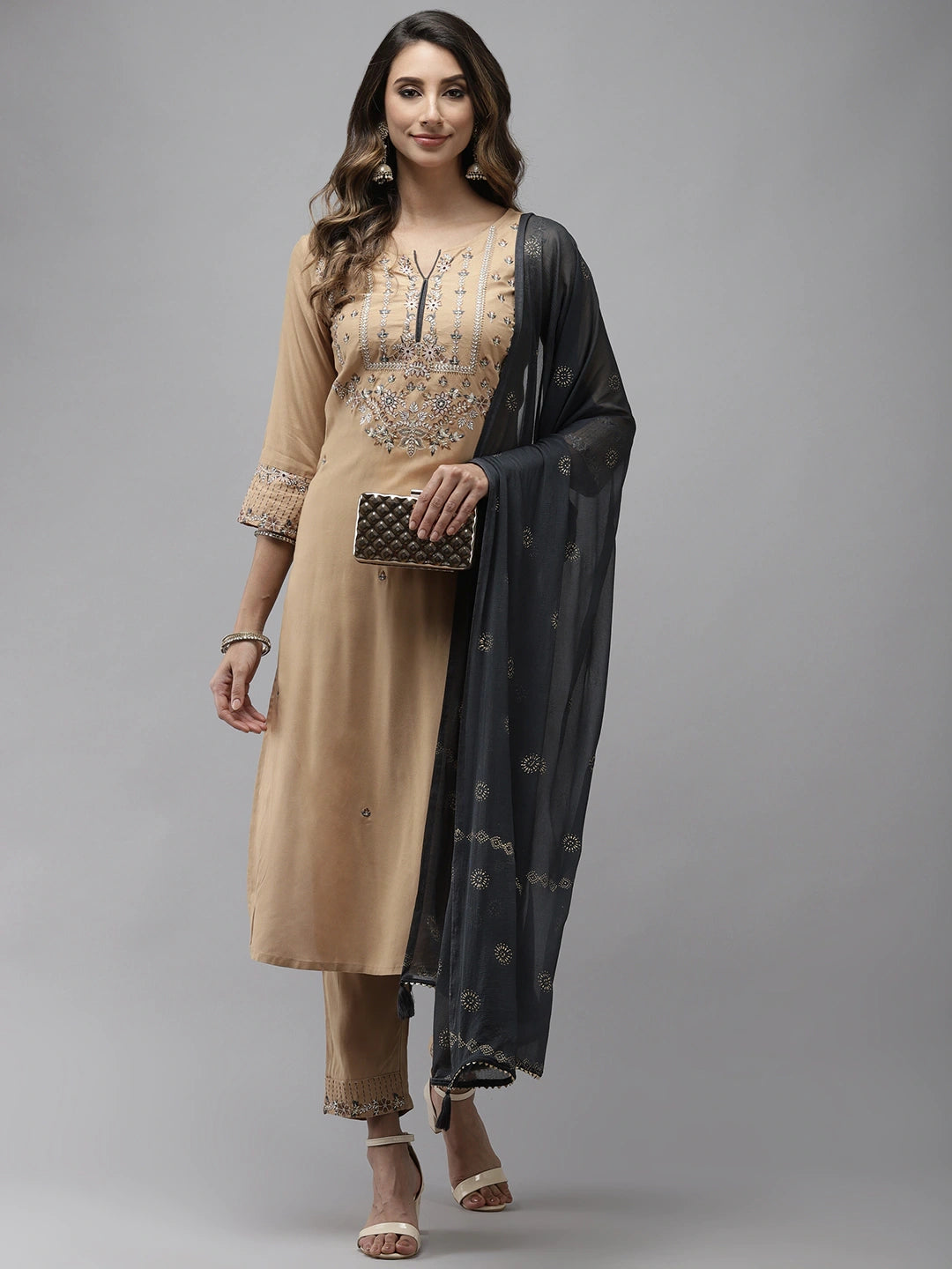 Beige-Viscose-Rayon-Embroidered-3-Piece-Kurta-Set