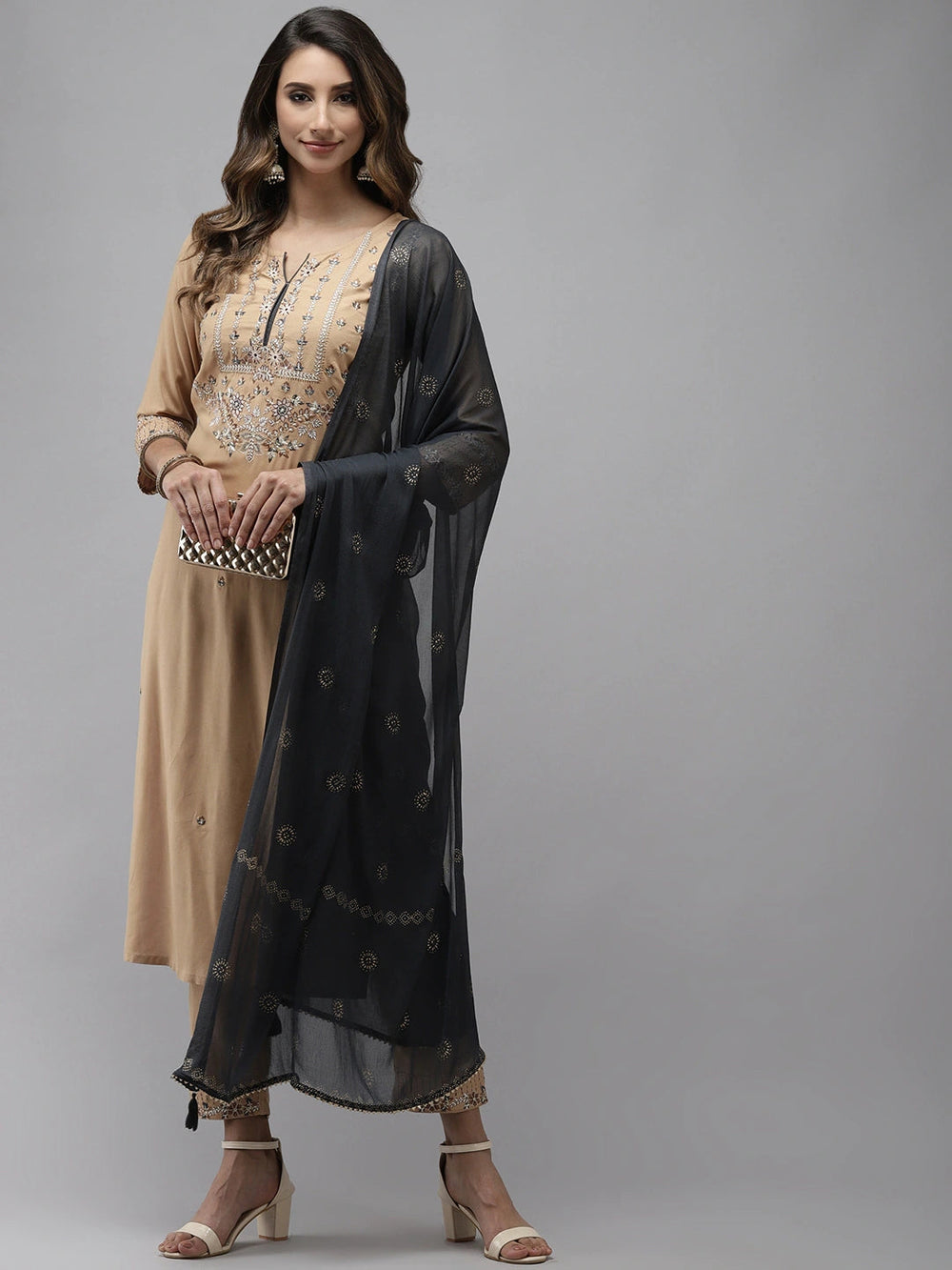 Beige-Viscose-Rayon-Embroidered-3-Piece-Kurta-Set