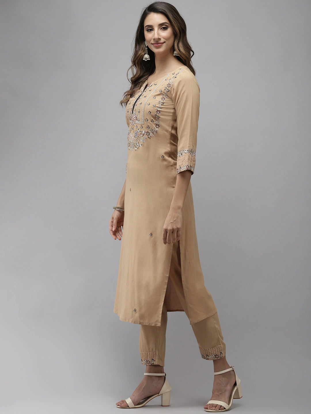 Beige-Viscose-Rayon-Embroidered-3-Piece-Kurta-Set