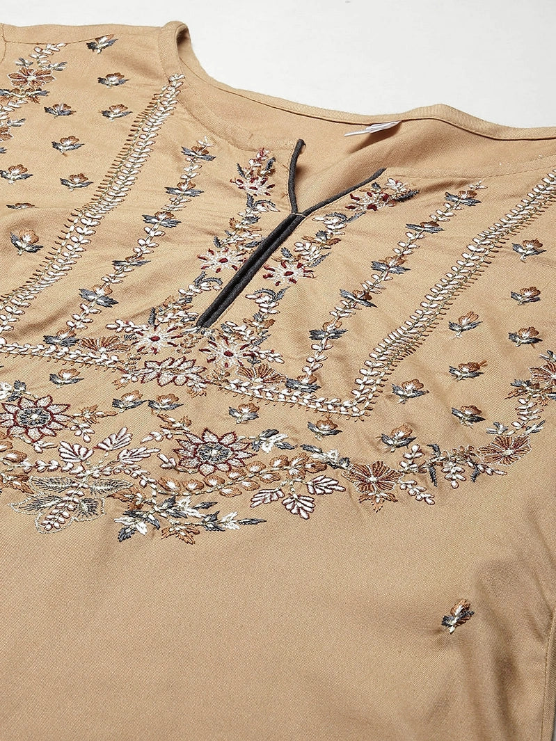 Beige-Viscose-Rayon-Embroidered-3-Piece-Kurta-Set